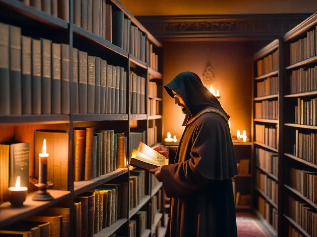 Antigua biblioteca iluminada por velas con libros misteriosos