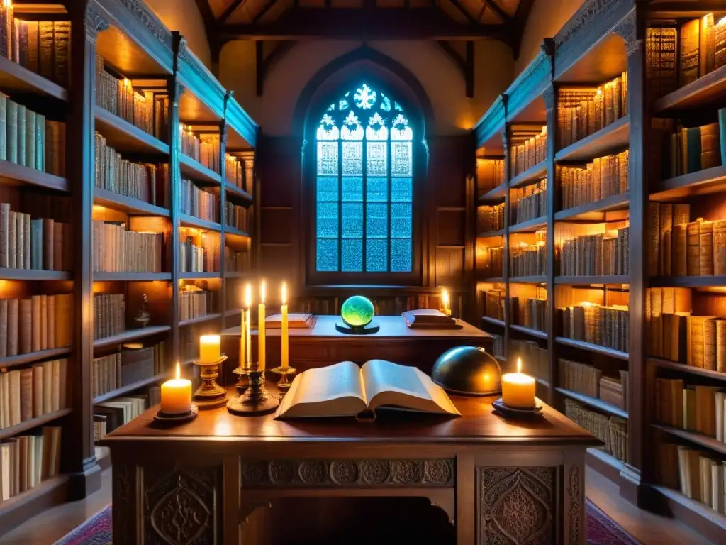 Antigua biblioteca iluminada por velas, libros polvorientos, símbolos misteriosos, globo terráqueo, manuscritos y artefactos