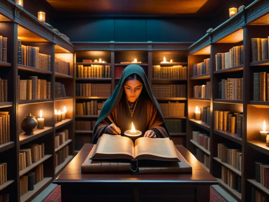 Antigua biblioteca iluminada por velas, donde sociedades secretas realizan rituales místicos