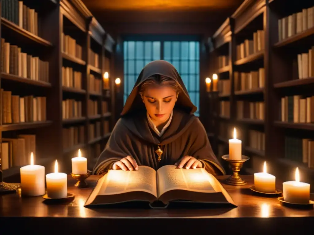 Antigua biblioteca iluminada con velas y figuras misteriosas, revelando un mundo de sociedades secretas y conocimiento oculto