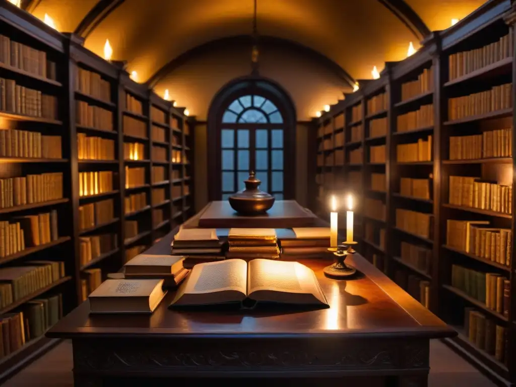 Una antigua biblioteca iluminada por velas, con libros polvorientos y símbolos misteriosos