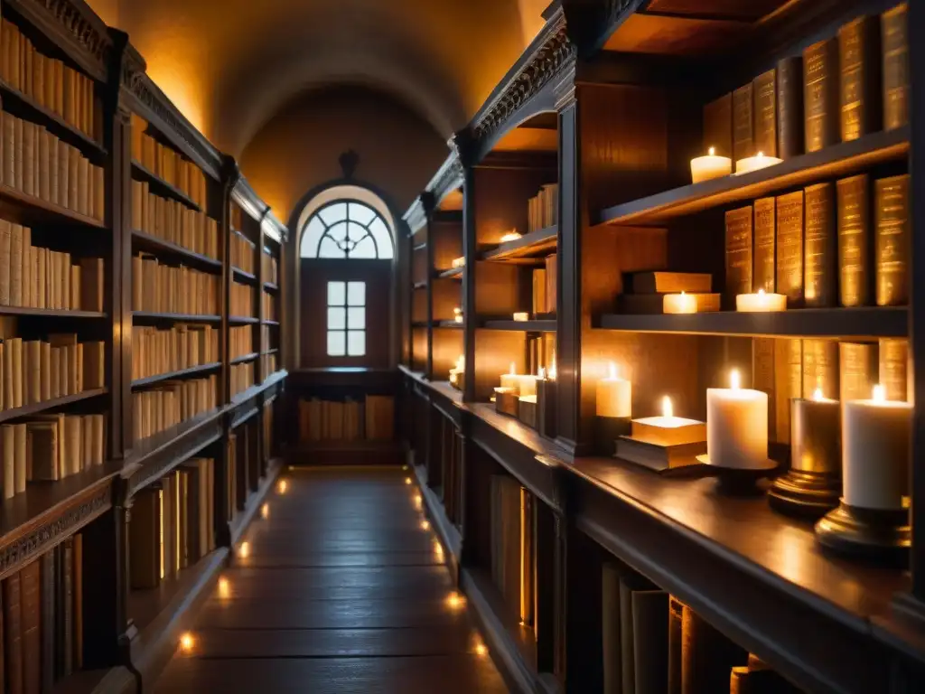 Antigua biblioteca jesuita iluminada por velas con libros antiguos