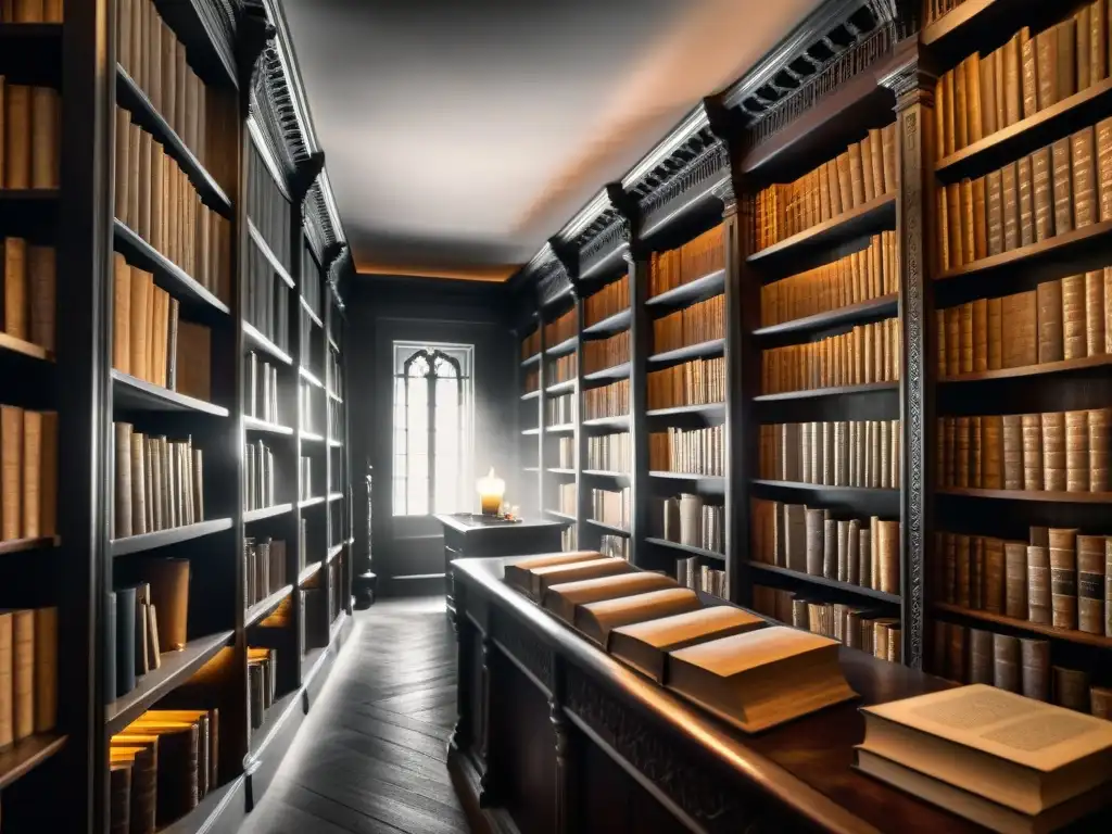 Una antigua biblioteca llena de libros de cuero polvoriento en estantes altos de madera, iluminada dramáticamente