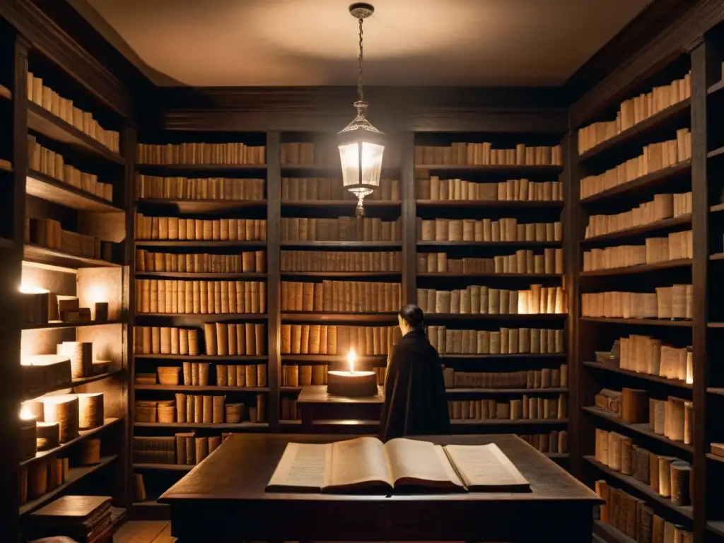 Antigua biblioteca con manuscritos y velas, sociedades secretas influyen en la historia