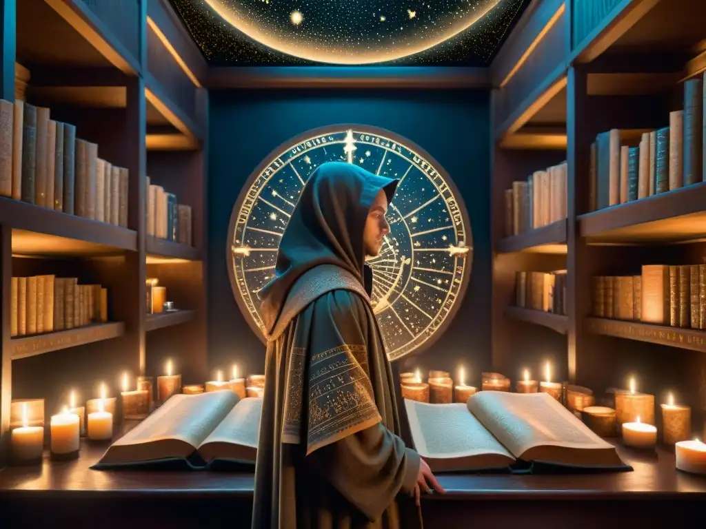 En una antigua biblioteca, un misterioso personaje estudia un mapa celestial rodeado de libros polvorientos, velas y símbolos esotéricos