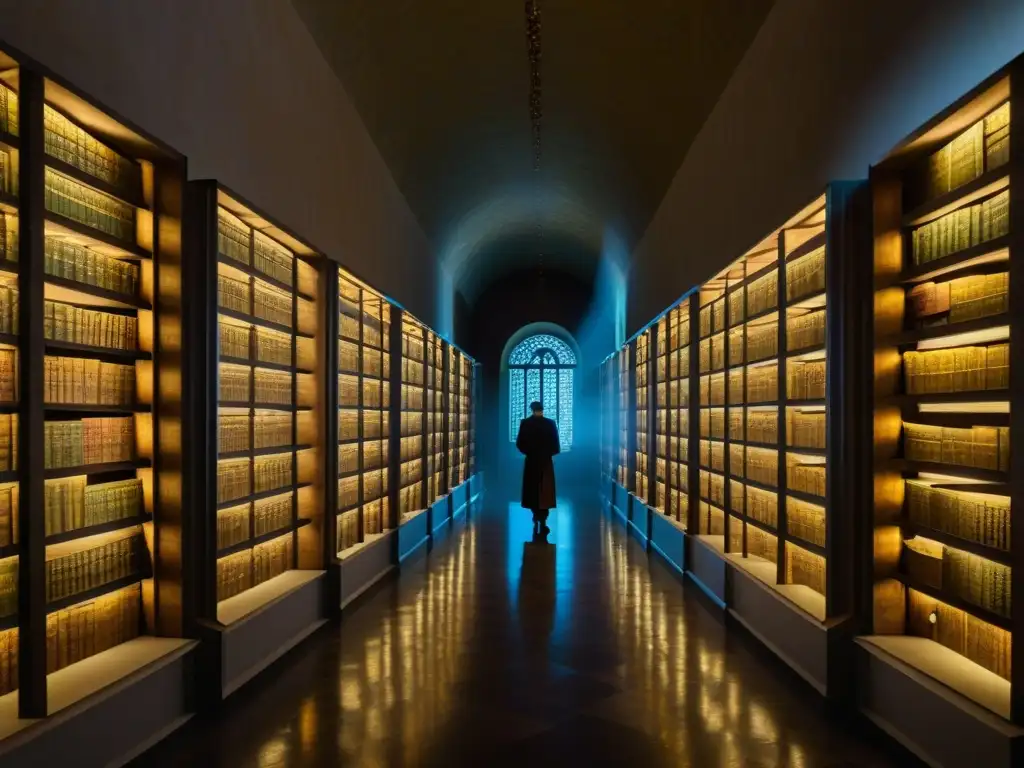 Antigua biblioteca del Vaticano con manuscritos iluminados por la luz, evocando misterio en las Sociedades secretas Vaticano misterios