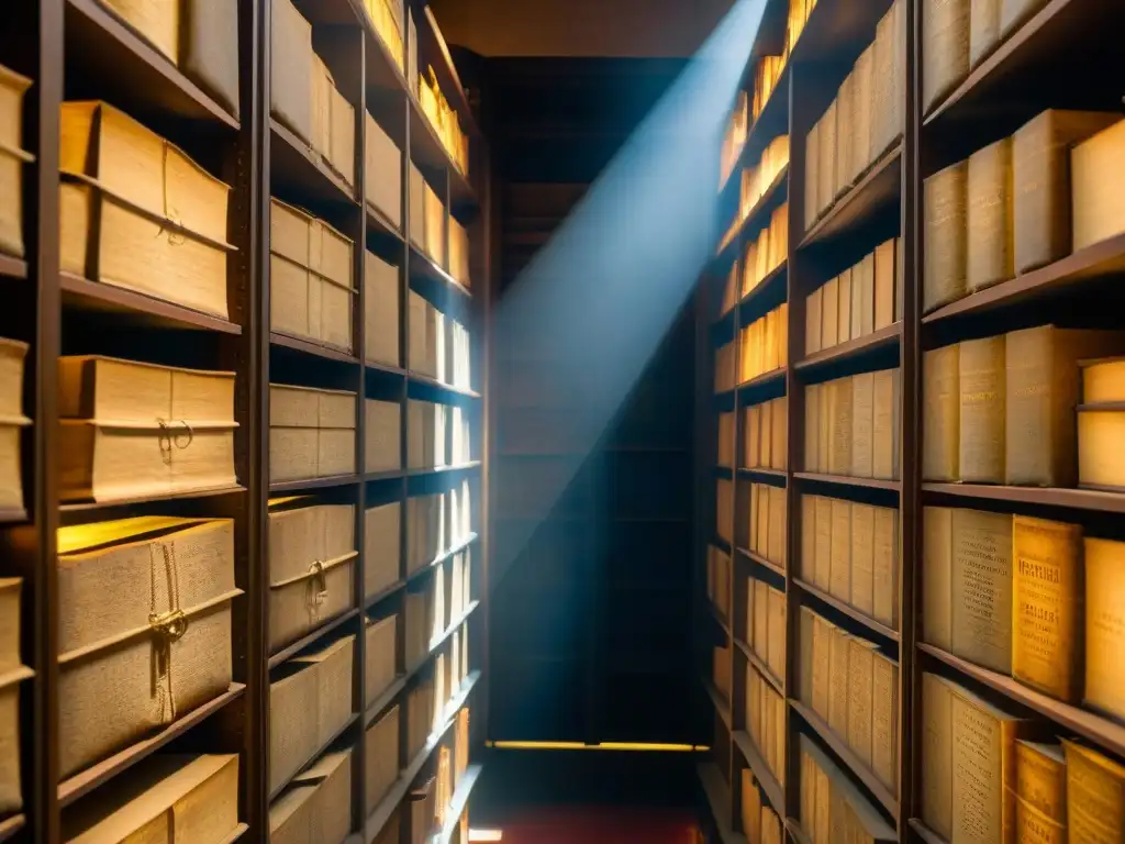 Antigua biblioteca del Vaticano con manuscritos y pergaminos en estanterías iluminadas, evocando sociedades secretas en el Vaticano