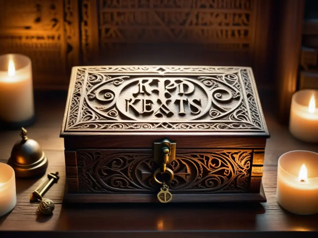 Relicario misterioso: caja tallada con símbolos antiguos y velas titilantes Antigua caja de madera tallada con símbolos misteriosos y velas, evocando sociedades secretas y cultura de coleccionables