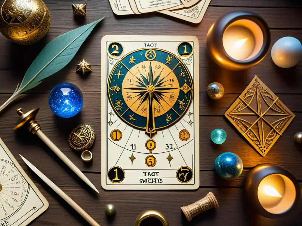 Una antigua carta del tarot detallada en una mesa, rodeada de signos astrológicos y manuscritos