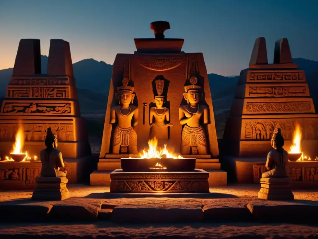 Antigua ceremonia con figuras en túnicas iluminando altar de piedra con ofrendas