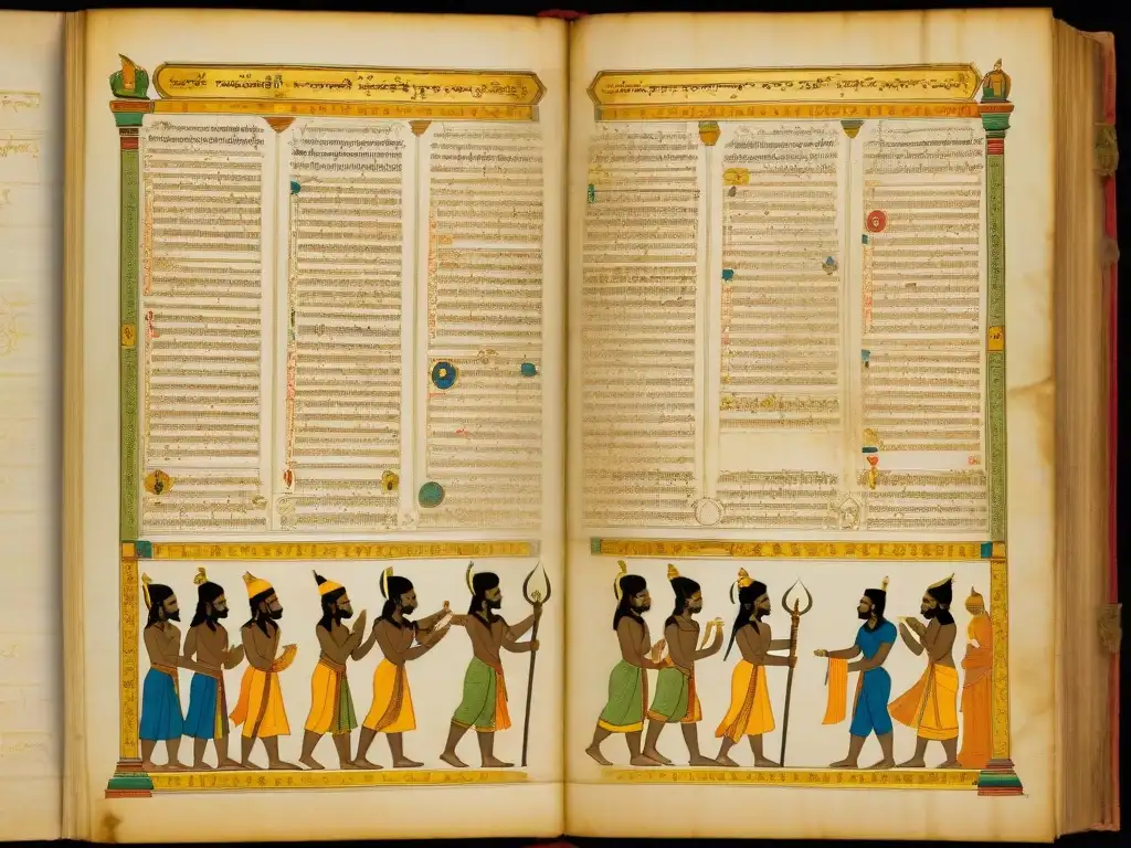 Ilustración antigua de 'Los Nueve Desconocidos' en manuscrito sánscrito con detalles dorados