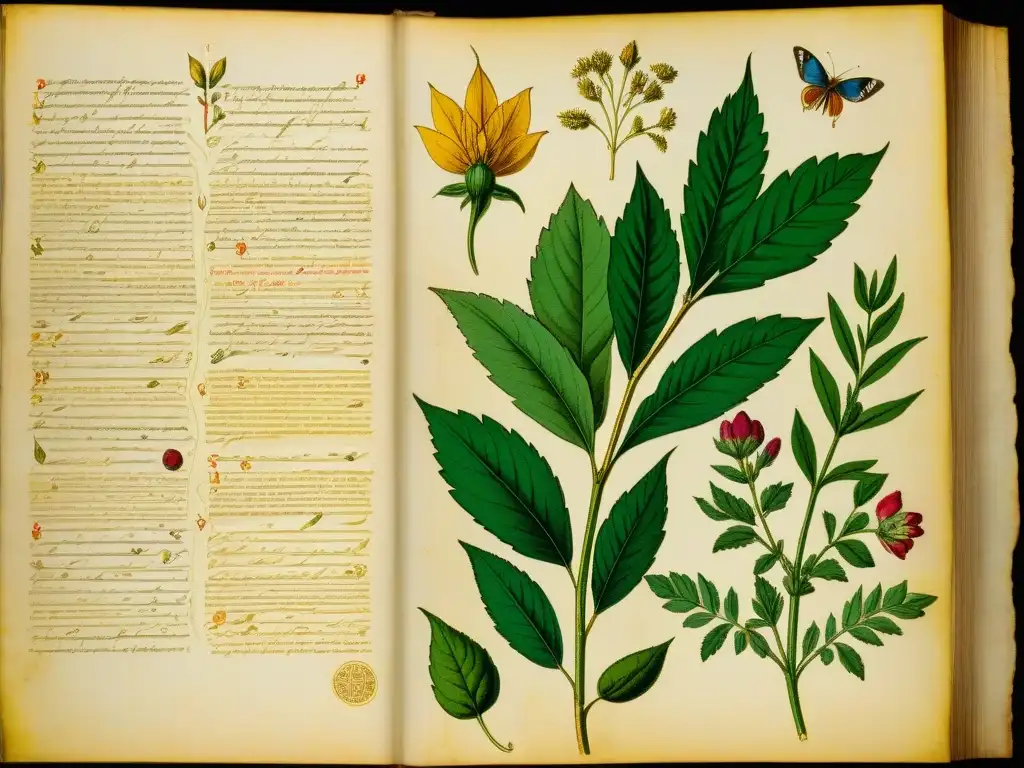 Una antigua ilustración rosacruz detallada de hierbas medicinales, con toques de oro y caligrafía, evocando sabiduría ancestral