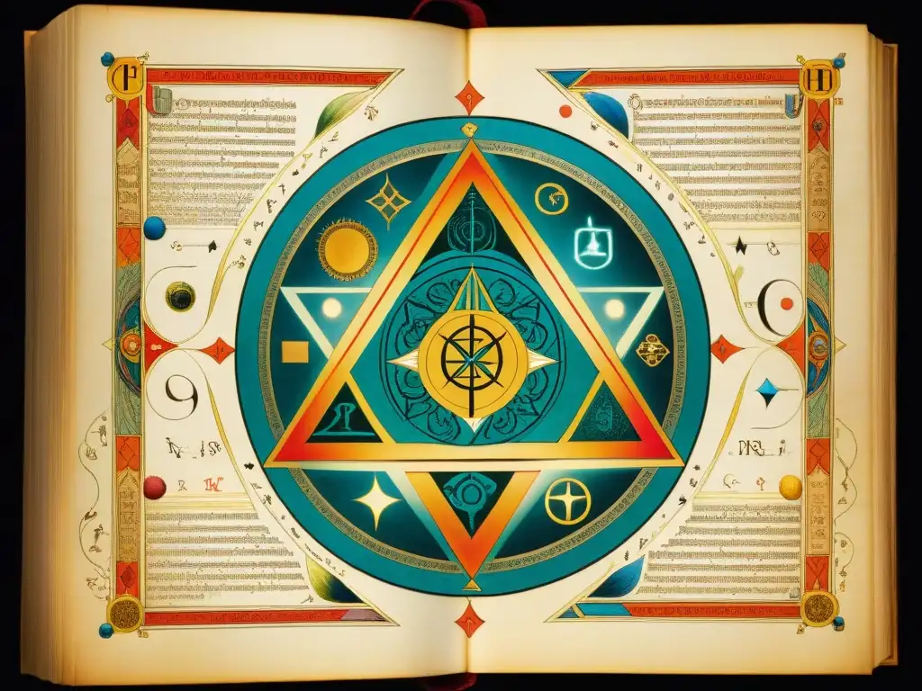 Una antigua y detallada ilustración de un manuscrito rosacruz con símbolos esotéricos, iluminado por una luz mística