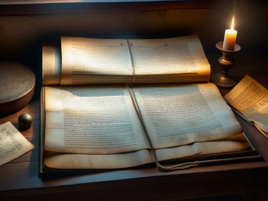 Misterioso manuscrito antiguo iluminado en penumbra Antigua escritura con símbolos enigmáticos iluminada por la luz, sobre mesa con libros y mapas antiguos