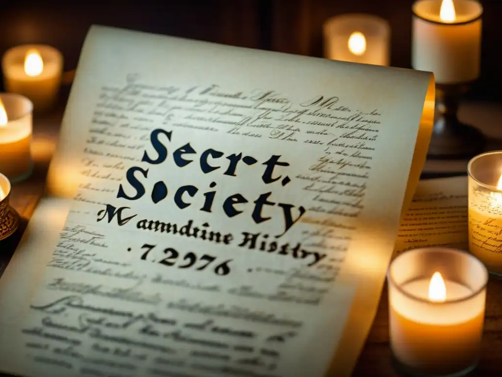 Antigua escritura de sociedad secreta iluminada por velas, evocando la influencia de sociedades secretas en la historia