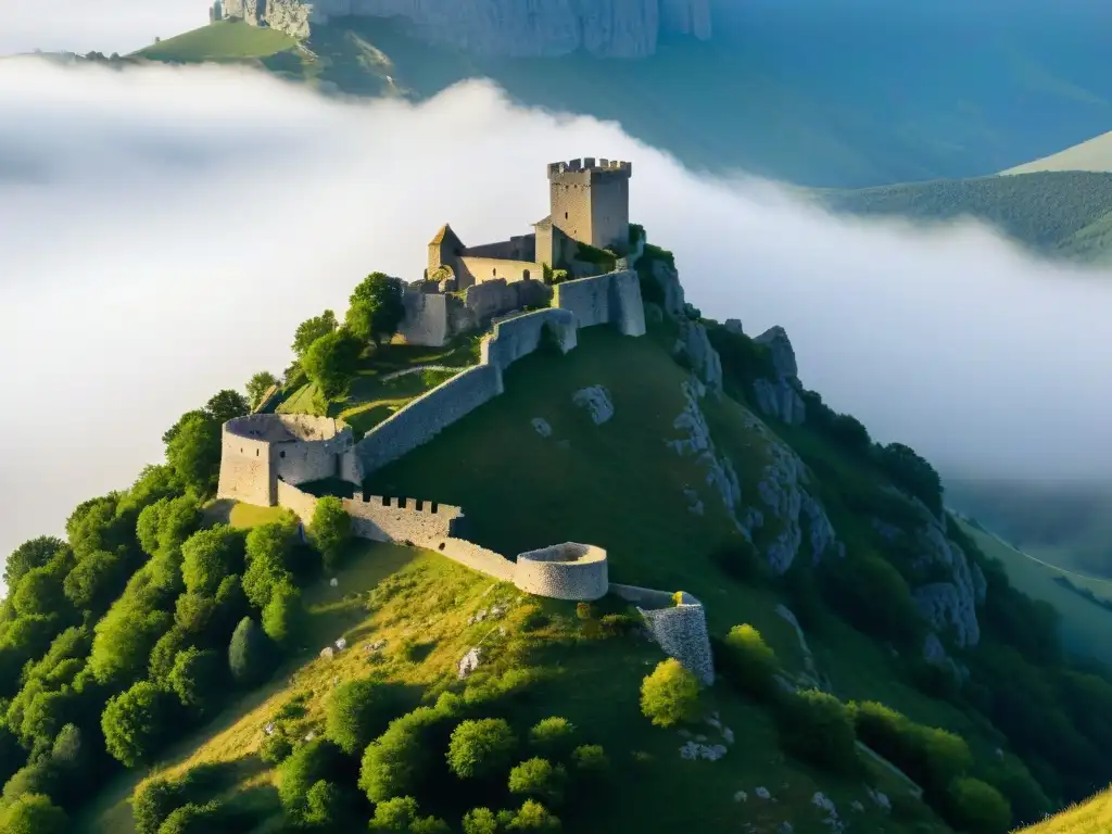 La antigua fortaleza medieval de Montségur emerge entre la niebla, evocando sociedades secretas en la historia