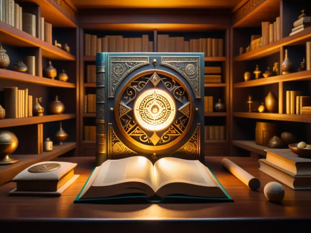 Antigua cámara misteriosa: secretos y artefactos enigmáticos Antigua cámara llena de artefactos misteriosos y un libro ornado con símbolos indecipherables
