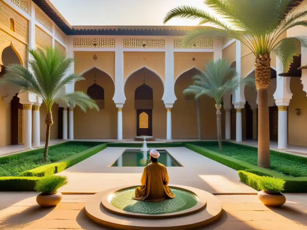 Antigua zawiya Sufi con patrones geométricos, caligrafía, jardín sereno, místicos en meditación bajo palmeras al atardecer