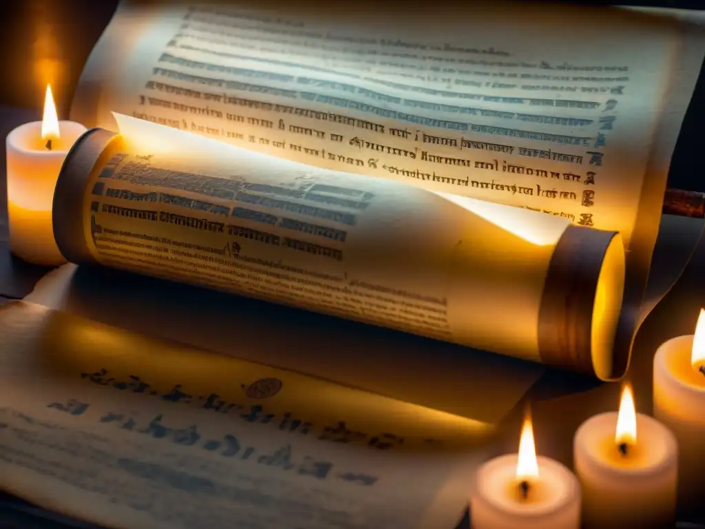 Misteriosas escrituras antiguas en pergamino iluminado Antigua pergamino desenrollado, revelando símbolos y texto encriptado, iluminado por luz de velas en cámara misteriosa