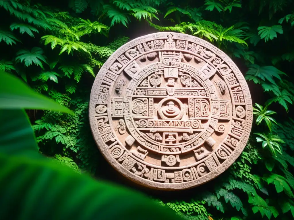 Antigua piedra del calendario maya con símbolos y jeroglíficos, iluminada por el sol en la selva