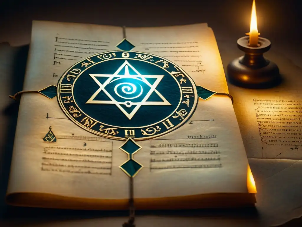 Manuscrito antiguo con símbolos místicos y profecías iluminados Antigua profecía rosacruz iluminada en misteriosa habitación, impacto mundo moderno