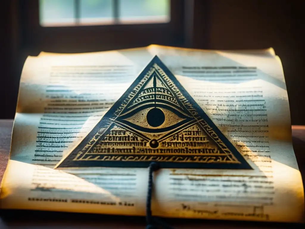 Antigua profecía Illuminati en manuscrito enigmático iluminado en misteriosa habitación