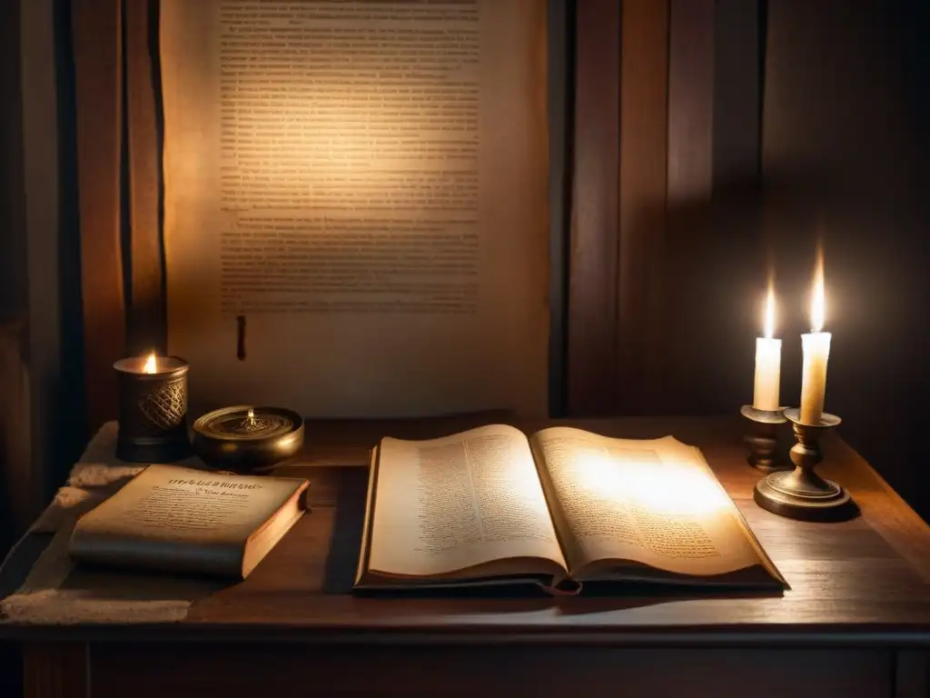 Antigua sala iluminada con velas, pergaminos y un libro de cuero desgastado en mesa de madera
