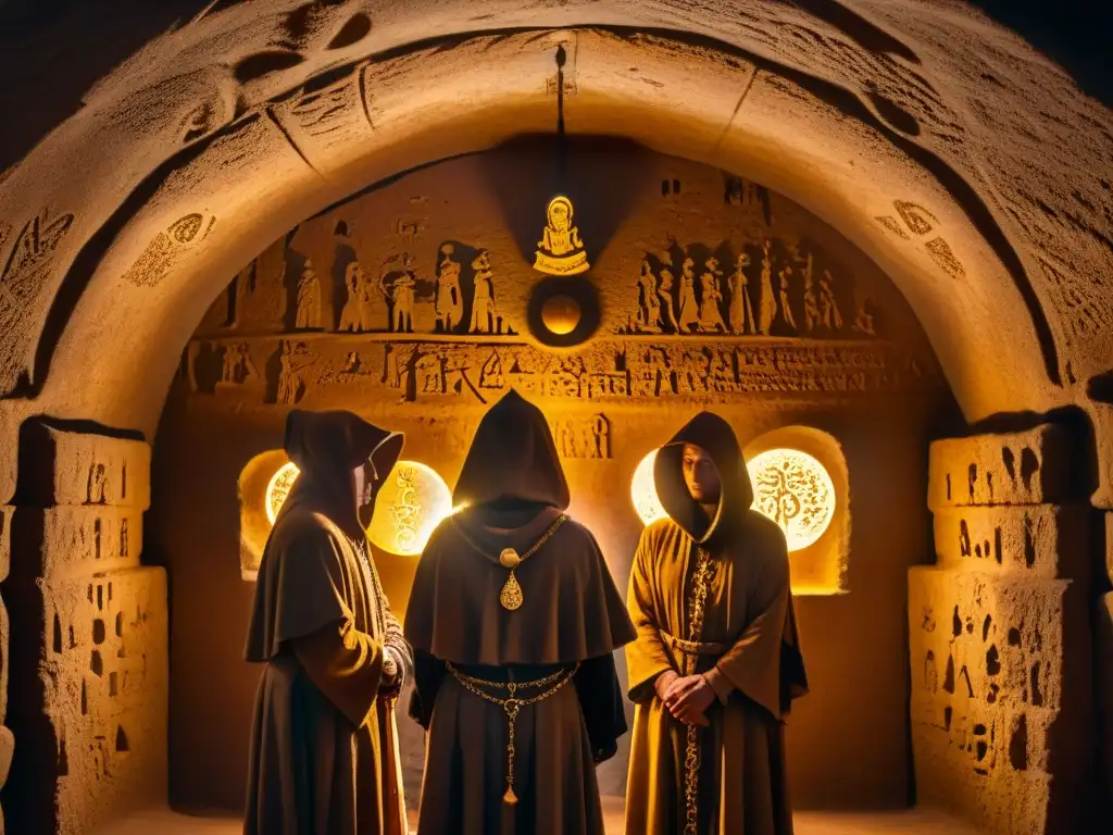 Antigua cámara subterránea iluminada por antorchas, con artefactos de oro y símbolos misteriosos