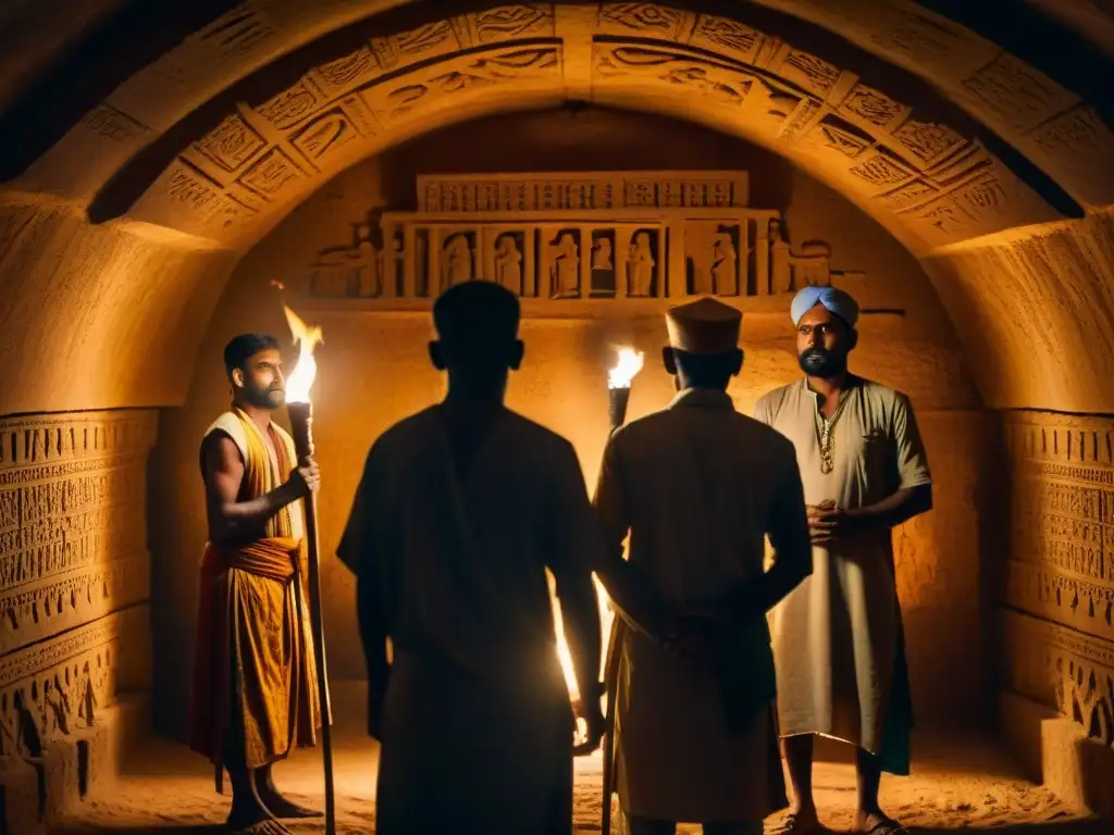 Chamber of Shadows: Misterioso encuentro Thuggee en India Antigua cámara subterránea en la India con figuras en trajes tradicionales Thuggee, iluminados por antorchas