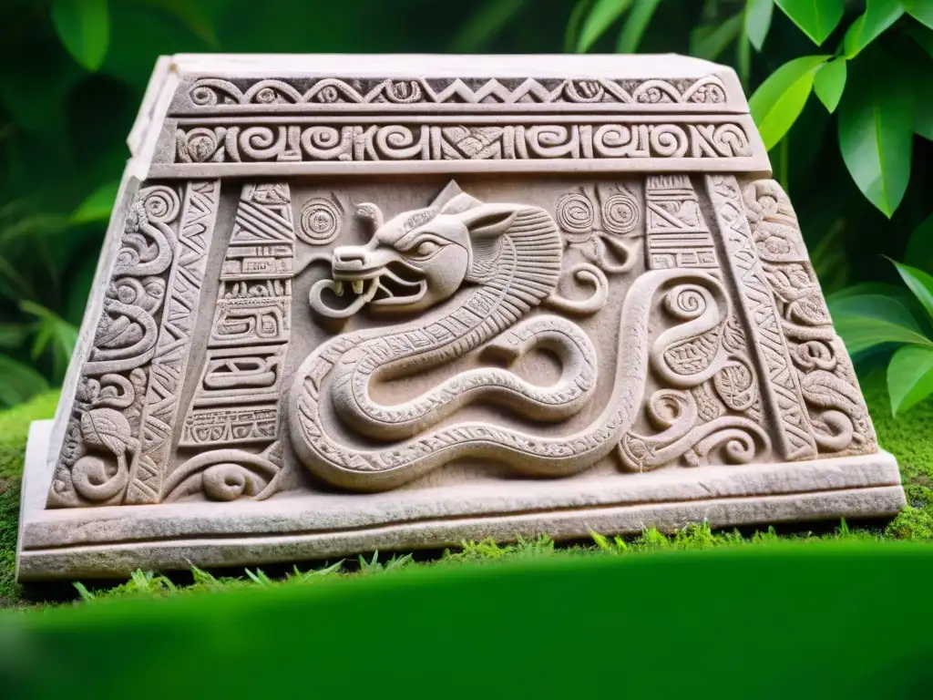 Antigua talla de piedra maya con serpiente en pirámide y jeroglíficos, en la selva