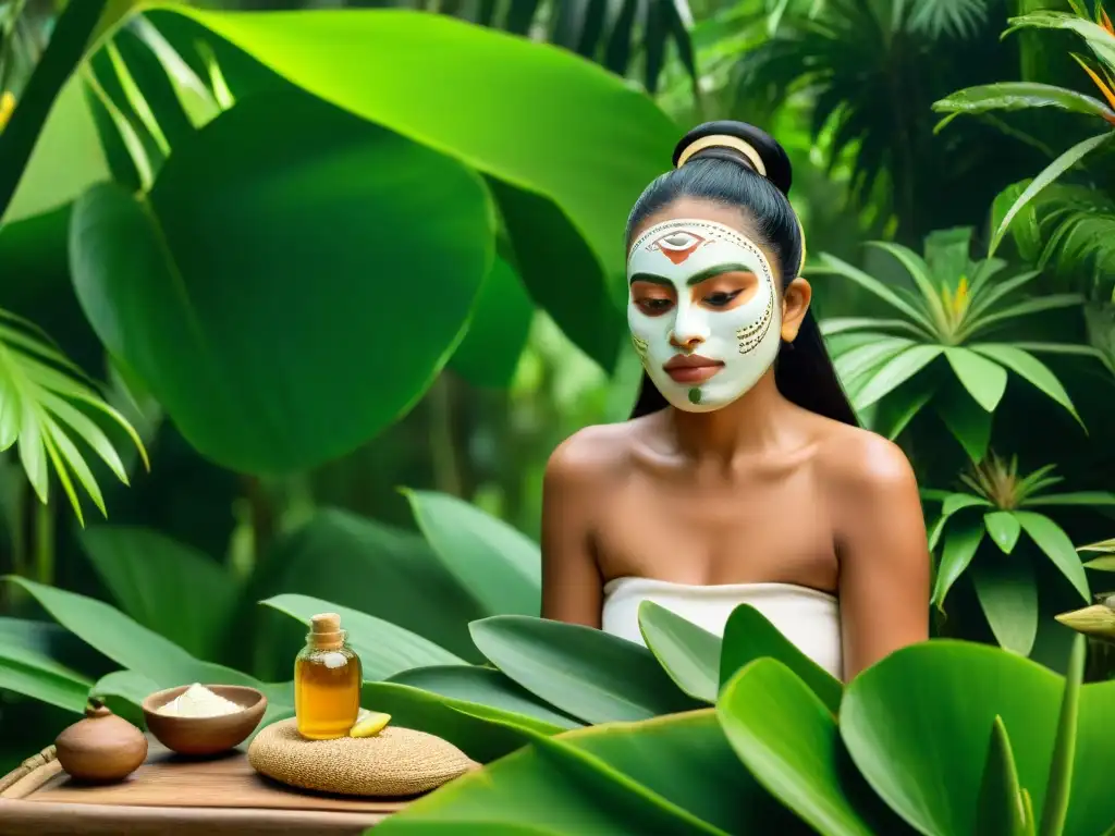 Antiguas mujeres mayas aplicando mascarillas naturales en la selva: belleza ancestral