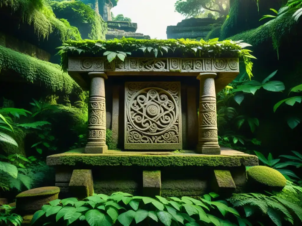 Altar de piedra ancestral en la selva: misterios y secretos Antiguo altar de piedra en la selva, iluminado por el sol entre la vegetación