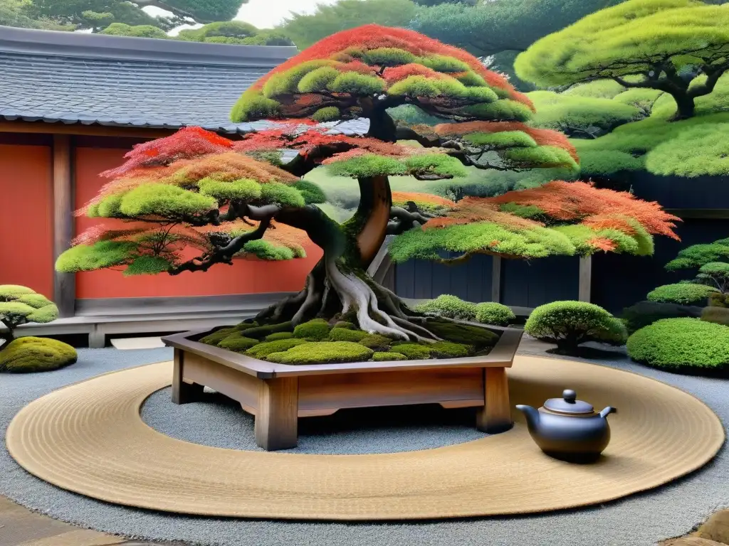 Un antiguo árbol bonsái en un jardín japonés sereno al atardecer, rodeado de hojas de arce rojo