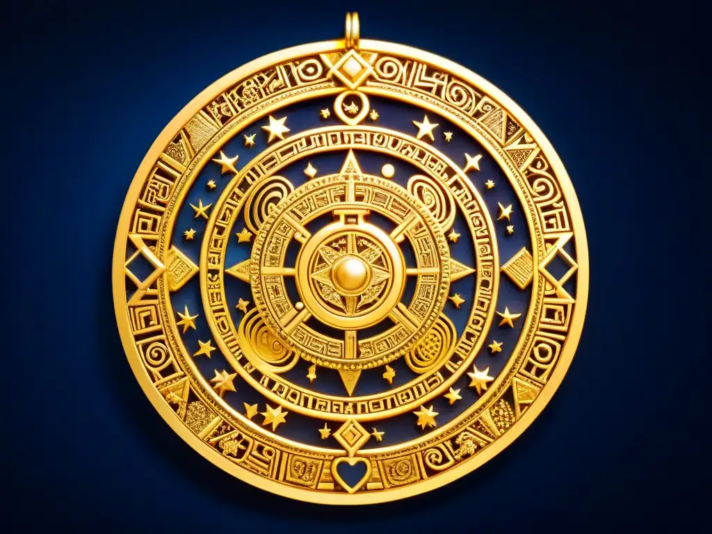 Antiguo artefacto dorado de sociedades secretas precolombinas con constelaciones y símbolos andinos, bajo un cielo estrellado