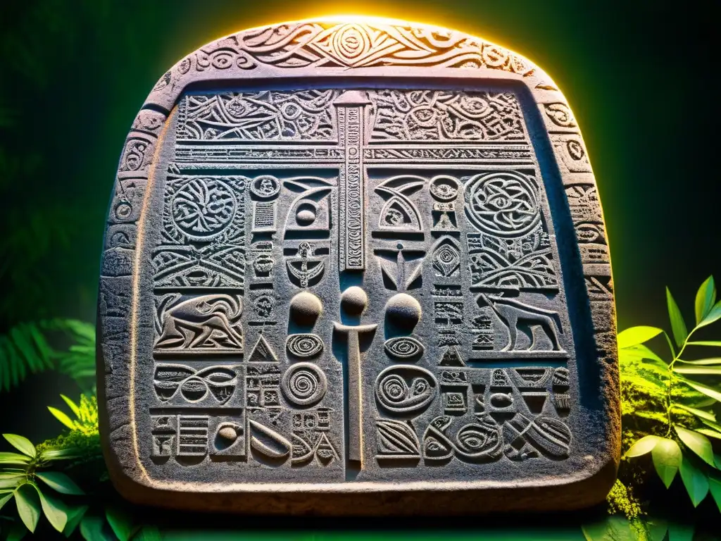 Un antiguo bloque de piedra cubierto de intrincados símbolos secretos de culturas africanas, iluminado por rayos de sol en la selva densa