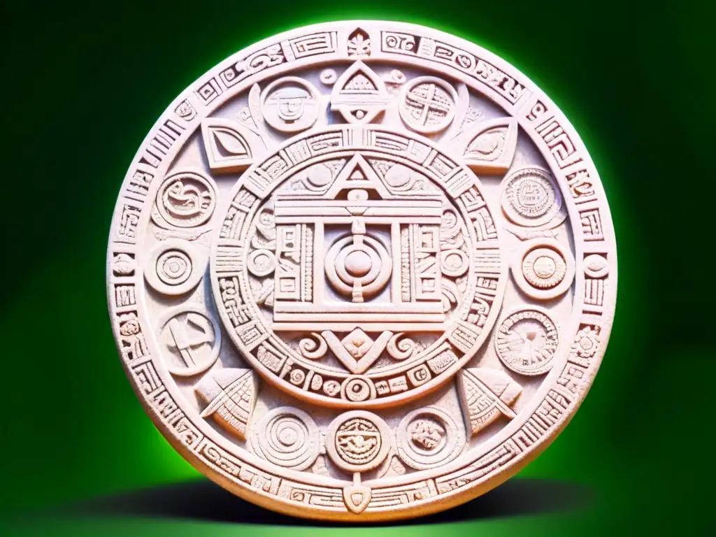 Antiguo calendario maya tallado con símbolos, en la selva con luz filtrada, honrando la sabiduría ancestral y rituales sociedades secretas influencia