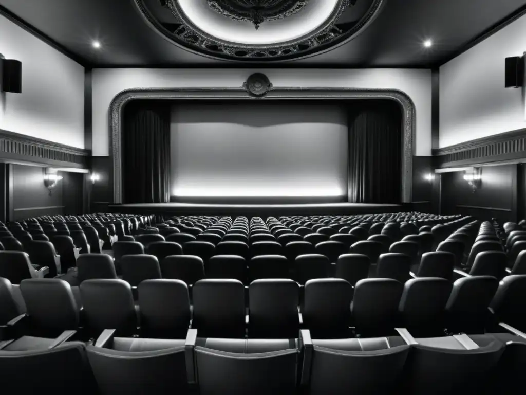 Antiguo cine en blanco y negro con filas de asientos vacíos, pantalla iluminada y polvo en el aire, evocando raíces ocultas en narrativas modernas