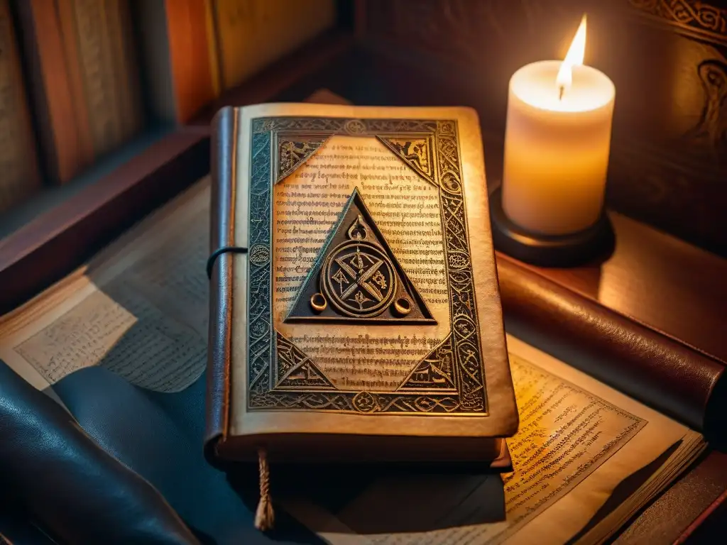 Misteriosos rituales Illuminati en antiguo tomo, iluminados por velas Antiguo grimorio iluminado por velas, con símbolos dorados, revelando un ritual de los Illuminati