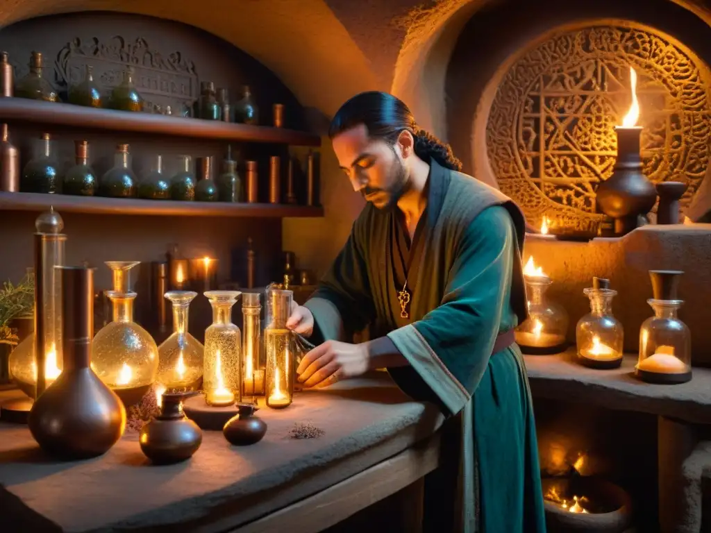 En el antiguo laboratorio de un alquimista, un misterioso ritual con instrumentos de cobre y símbolos en las paredes de piedra