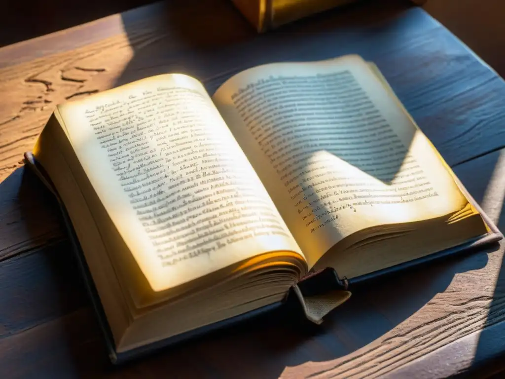 Libro antiguo con secretos dorados y sombras misteriosas Un antiguo libro con engravings dorados, páginas amarillentas y caligrafía intrigante, evocando secretos y sociedades ocultas