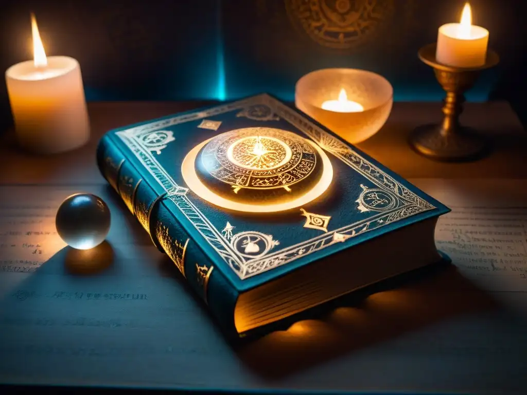 Un antiguo libro ornamental con intrincadas tallas y símbolos misteriosos, iluminado por la luz tenue de velas en una habitación sombría