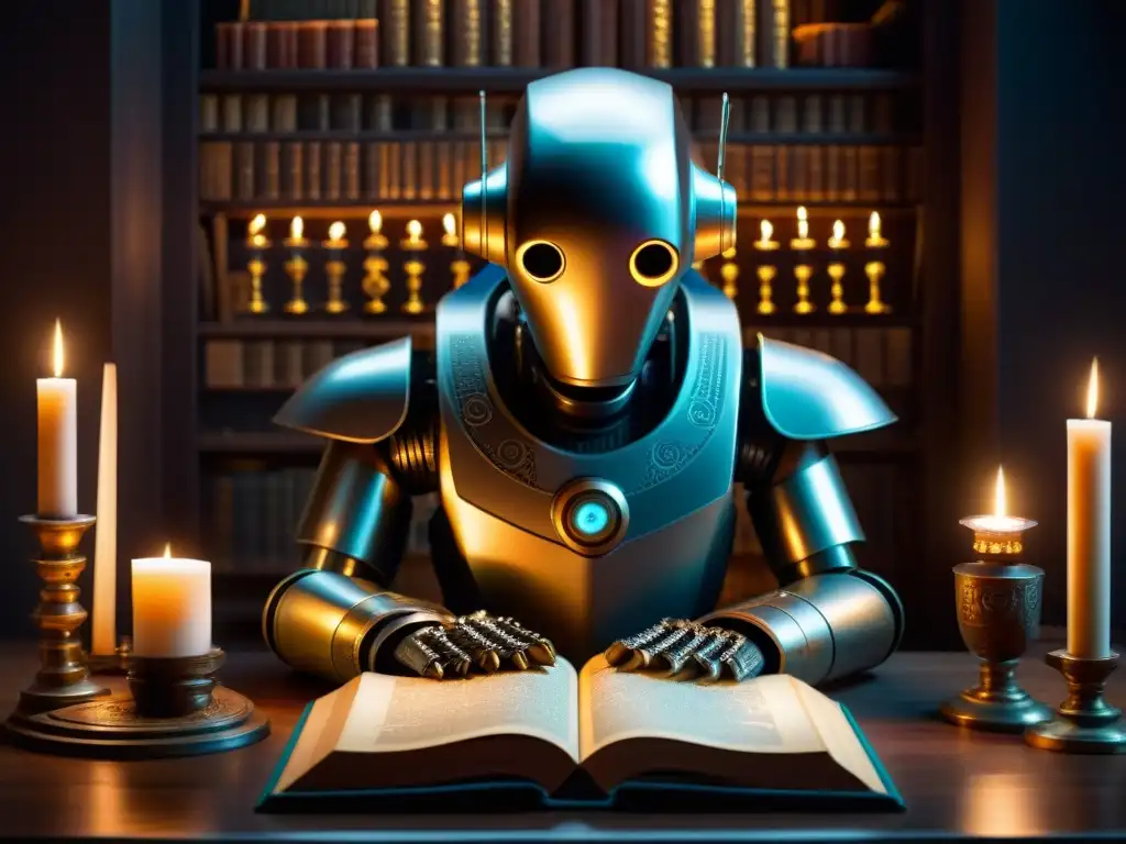 Robot AI examinando antiguo libro rodeado de misterio en cámara iluminada con velas