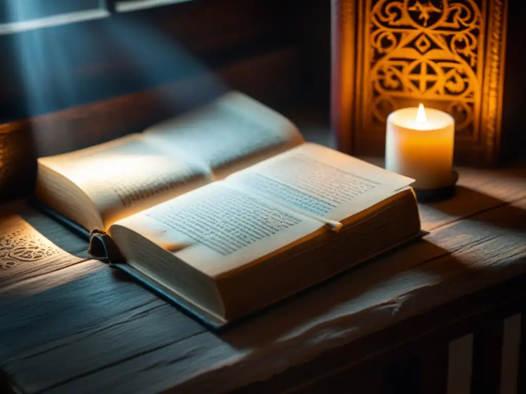 Antiguo libro con símbolos misteriosos iluminado por luz tenue en habitación sombría