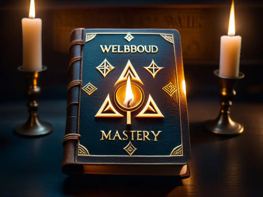 Antiguo libro con símbolos tallados, iluminado por vela en habitación tenue