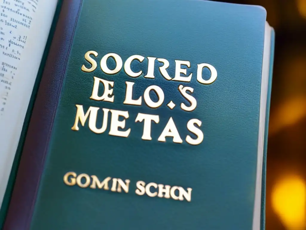 Antiguo libro de 'Sociedad de los Poetas Muertos' con versos poéticos en páginas amarillentas iluminadas por luz dorada