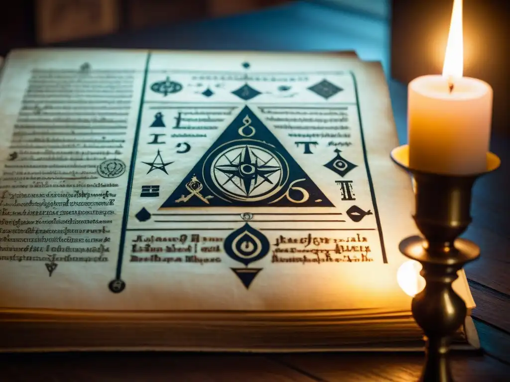 Un antiguo manuscrito alquímico iluminado por velas en una habitación tenue