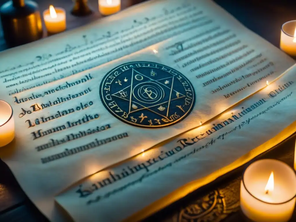 Un antiguo manuscrito alquímico iluminado por velas en una habitación tenue