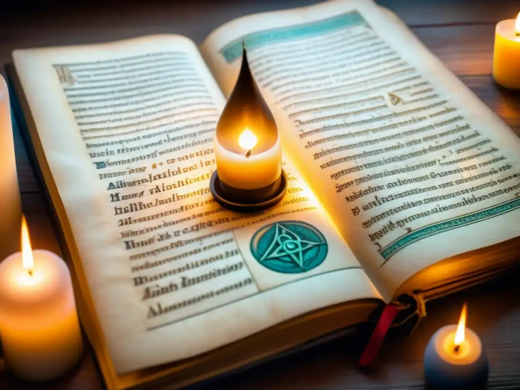 Antiguo manuscrito alquímico iluminado por velas, con criaturas míticas y procesos alquímicos, evocando misterio y sabiduría ancestral