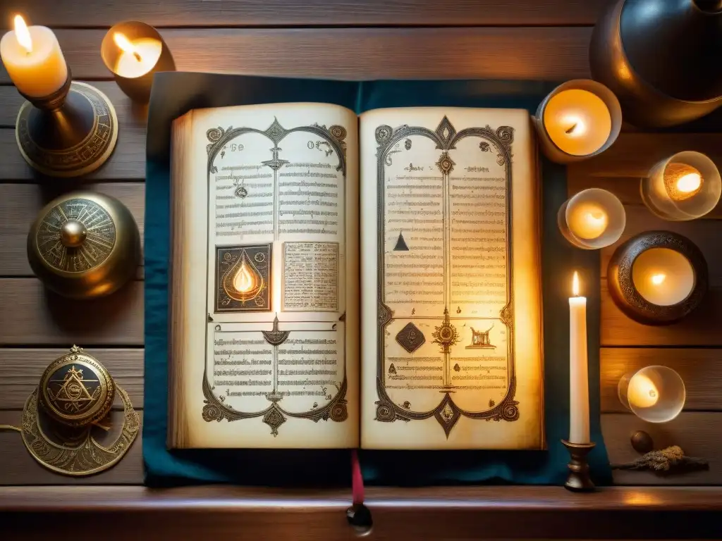 Manuscrito alquímico antiguo con símbolos detallados y velas Antiguo manuscrito alquímico con símbolos, rodeado de luz de velas, evocando sociedades secretas y su influencia