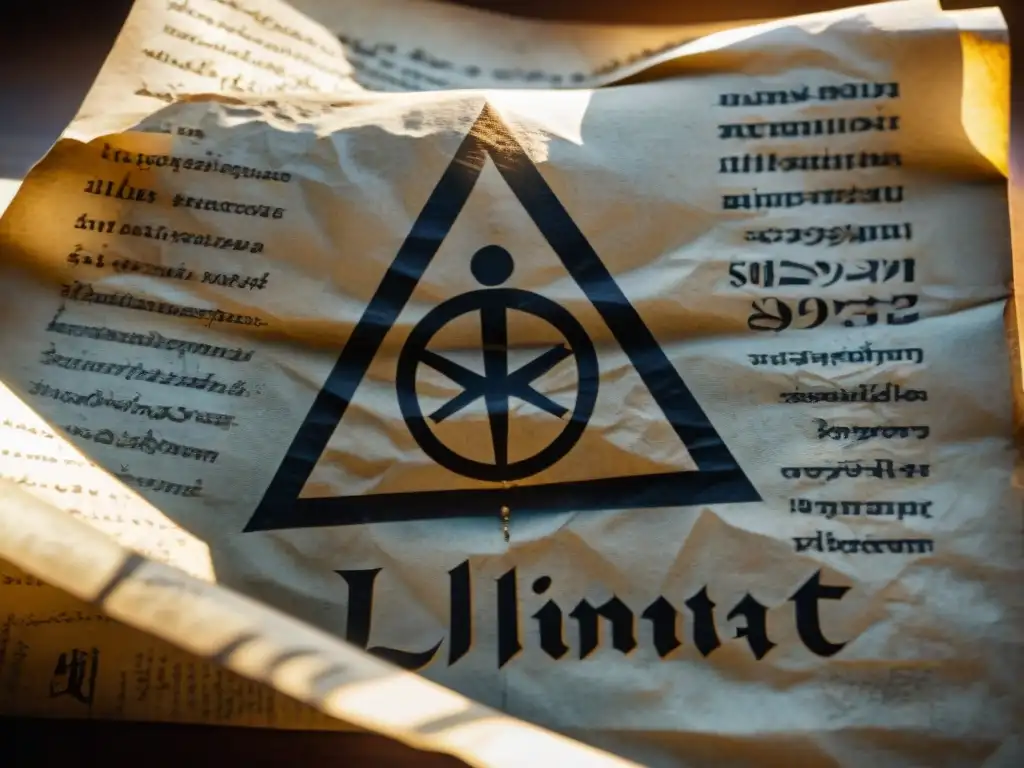 Un antiguo manuscrito arrugado con símbolos e inscripciones detalladas, revelando la influencia de la estructura piramidal Illuminati en la sociedad